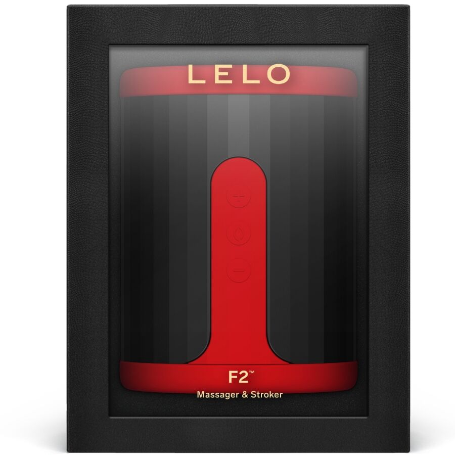 Boite noire Lelo F2 Massager and Stroker presentant le masturbateur rouge sous fenetre, packaging du stroker masculin connecte en silicone liquide rechargeable.