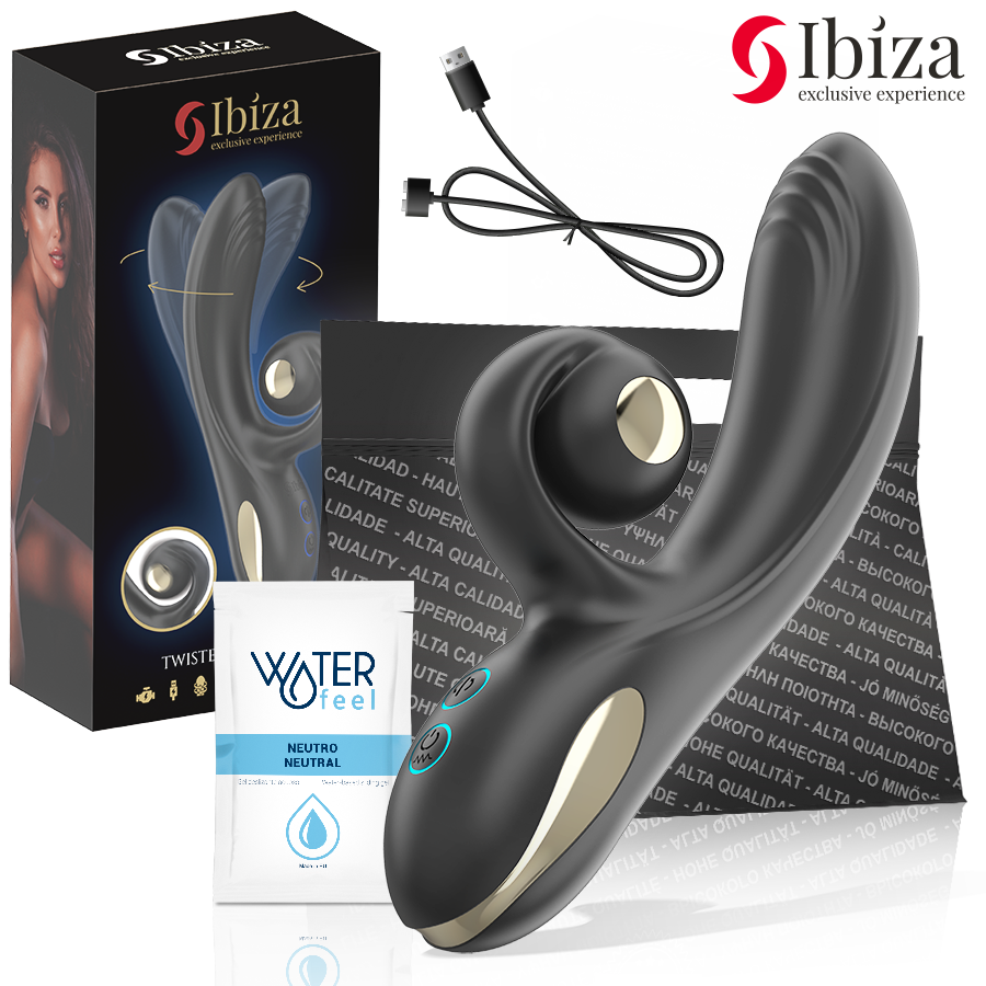 Vibrateur Twister noir d'Ibiza Technology avec boîte, câble USB et sachet de lubrifiant Waterfeel