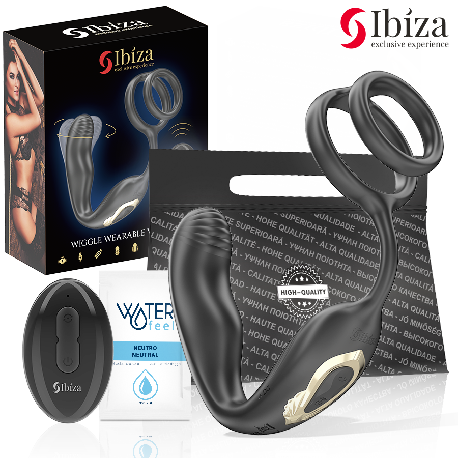 Anneau vibrant et plug Wiggle noirs d'Ibiza Technology avec télécommande, boîte et sachet de lubrifiant Waterfeel