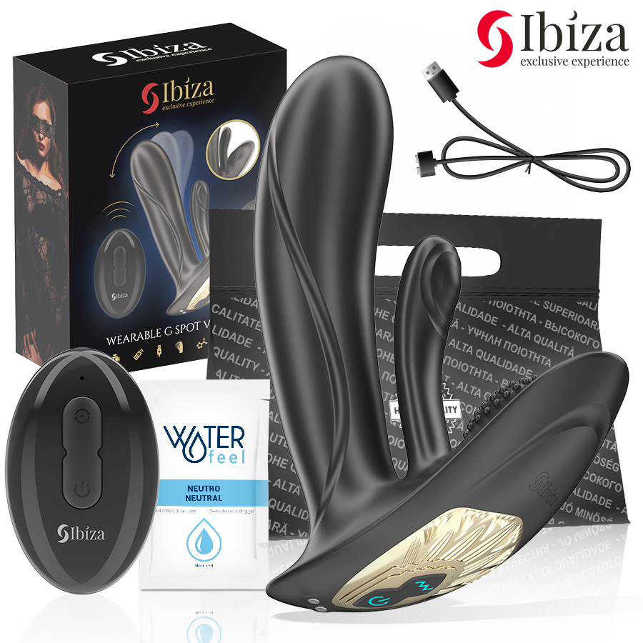 Vibromasseur portable noir d'Ibiza Technology avec télécommande, boîte Wearable G Spot et sachet de lubrifiant Waterfeel