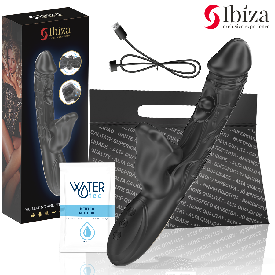 Rabbit Ibiza noir avec son coffret, câble de charge USB, sachet de lubrifiant Waterfeel et sac cadeau de la marque