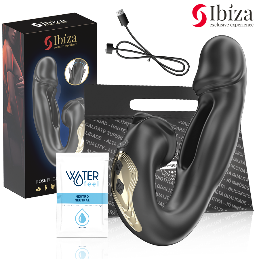 Vibrateur Rose noir d'Ibiza Technology en forme de rose avec boîte, câble USB et sachet de lubrifiant Waterfeel