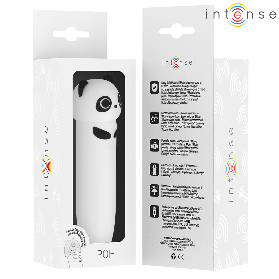 Emballage du mini vibromasseur Intense Poh, boite blanche illustrant le bullet design panda et ses fonctions, silicone medical rechargeable USB.