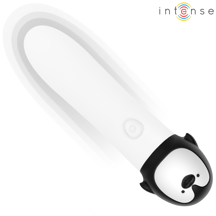 Vue de dessus du mini vibromasseur bullet Rico au design pingouin en silicone blanc, embout noir, format compact pour stimulation clitoridienne precise.