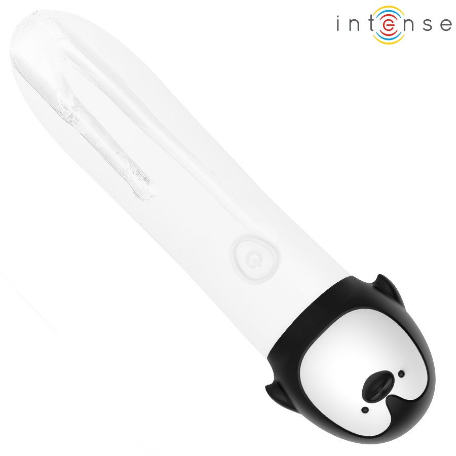 Mini vibromasseur bullet Intense Rico au design pingouin en silicone blanc et noir, format compact et ultra-doux pour une stimulation clitoridienne.