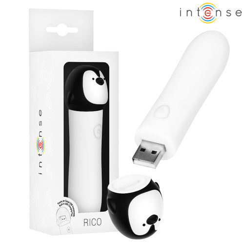 Mini vibromasseur bullet Rico design pingouin presente avec sa boite blanche et son embout de charge USB integre, format discret en silicone doux.