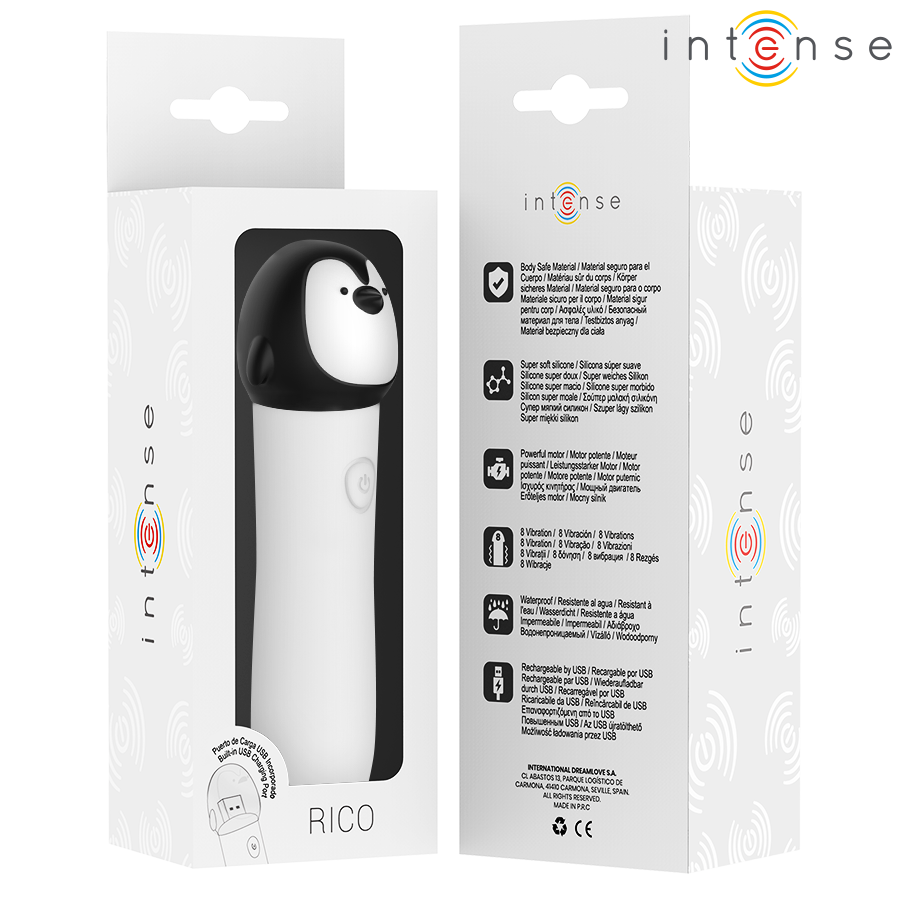 Emballage du mini vibromasseur Intense Rico, boite blanche illustrant le bullet design pingouin et ses fonctions, silicone ultra-doux rechargeable.