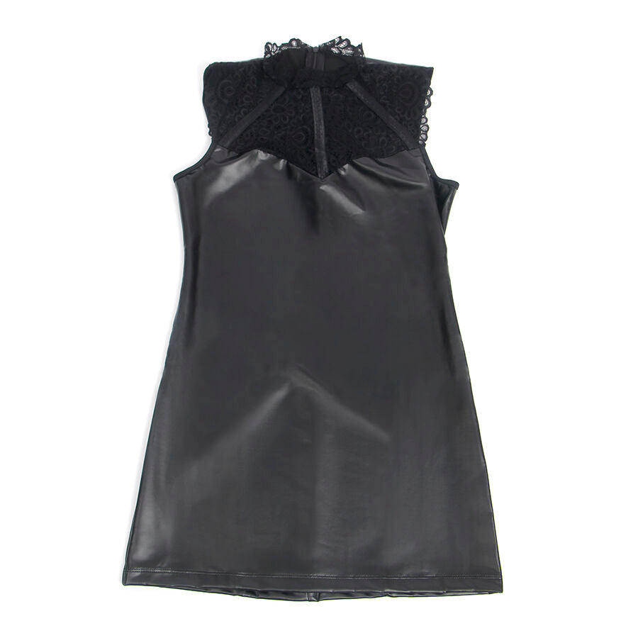 Robe courte wetlook noire Subblime presentee a plat, col haut en dentelle fleurie et matiere brillante, coupe moulante sensuelle, lingerie robe taille ajustable.