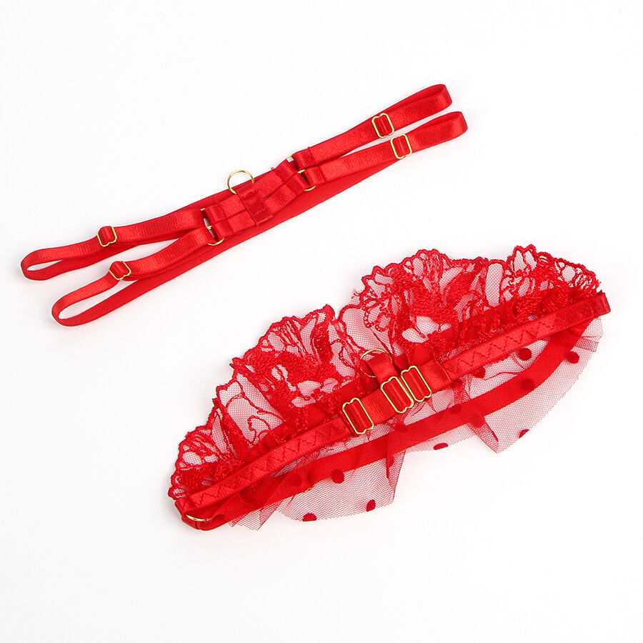 Porte-jarretelles et bandeau dentelle rouge Subblime a plat, maille fleurie a pois, volants et boucles ajustables dorees, pieces d'une parure sensuelle.