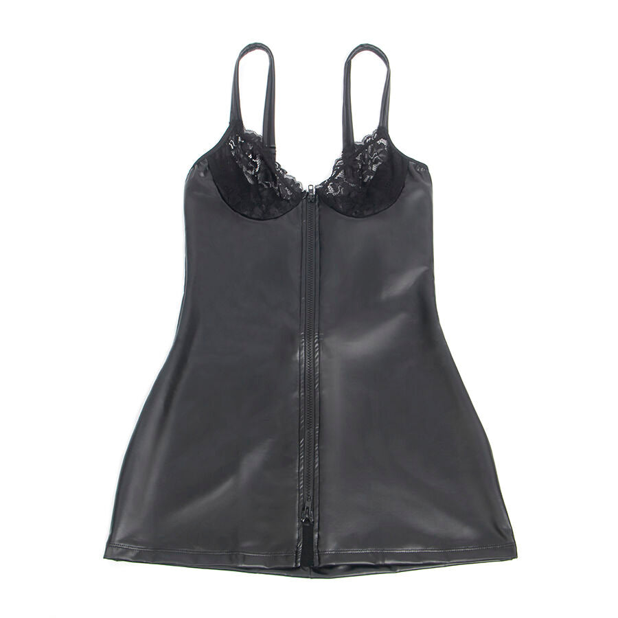 Robe courte wetlook noire Subblime presentee a plat, bonnets en dentelle fleurie et bretelles fines, matiere brillante moulante, lingerie robe taille ajustable.