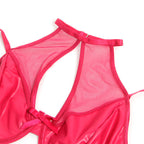 Ensemble cuir rouge col licou et résille — vue rapprochée