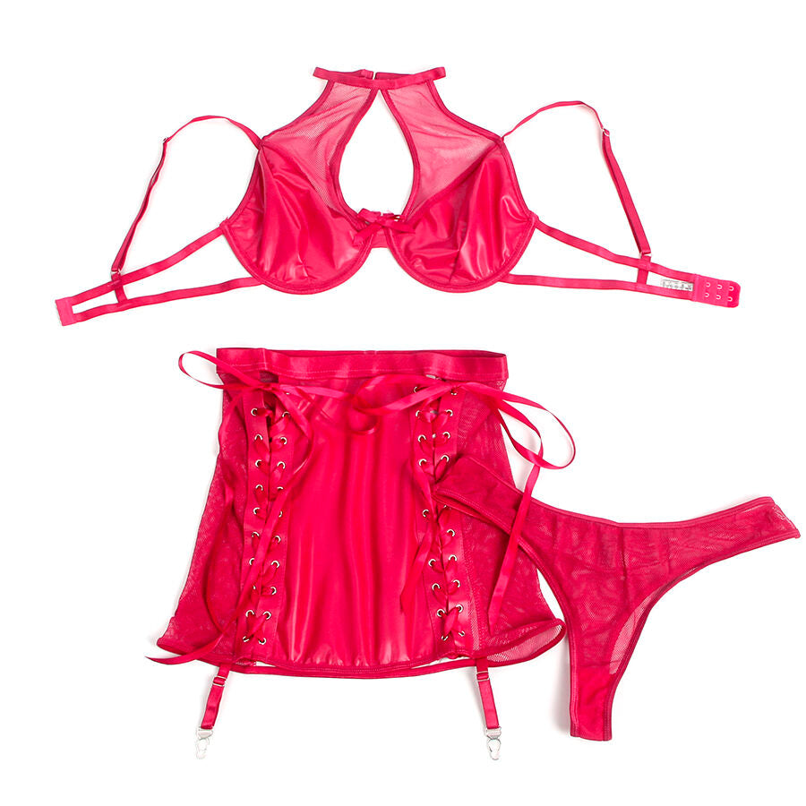 Mise a plat de l'ensemble similicuir rouge Subblime : soutien-gorge col licou, porte-jarretelles lace et string assorti, sans mannequin sur fond clair.