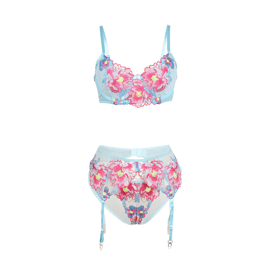 Mise a plat du soutien-gorge et de la culotte porte-jarretelles en maille bleue Subblime a broderie florale en relief, sans mannequin sur fond clair.