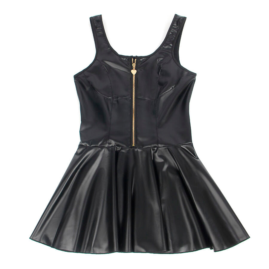 Robe nuisette effet cuir noir presentee seule, jupe patineuse ample et zip coeur dore frontal, similicuir brillant a bretelles larges de la marque Subblime.