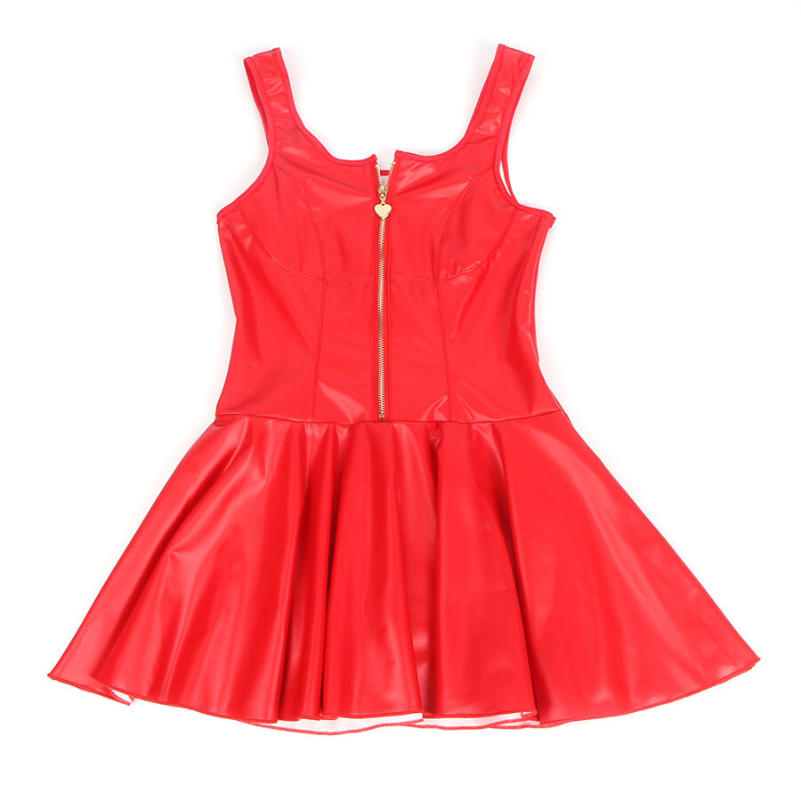 Robe nuisette effet cuir rouge a plat de trois-quarts, jupe evasee ample et zip dore frontal, similicuir brillant a bretelles larges de la marque Subblime.