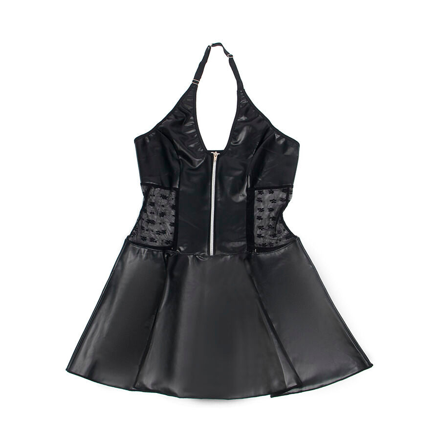 Robe effet cuir noir a col licou presentee seule, zip frontal et empiecement dentelle florale, jupe evasee en similicuir brillant de la marque Subblime.
