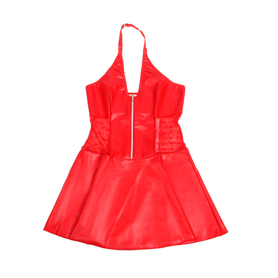 Robe effet cuir rouge a col licou a plat, zip frontal et empiecement dentelle florale a la taille, jupe evasee en similicuir brillant Subblime. Tenue assortie en taille unique.