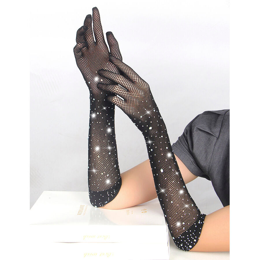 Gants longs resille noire pailletee Subblime portes mains jointes, avant-bras poses : tulle transparent extensible orne de strass diamant, eclat scintillant en studio.