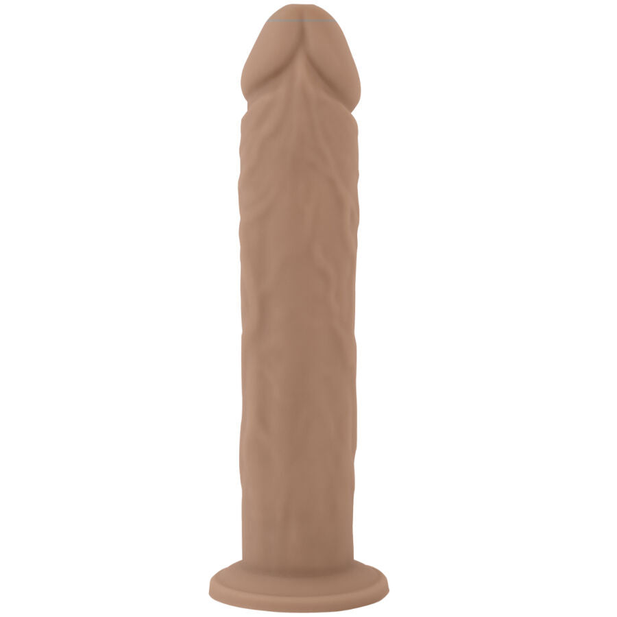 Gode réaliste Silexd silicone liquide teinte chair, gland marqué et fût lisse veiné sur base ventouse, vue de face — sextoy 19 cm thermoréactif body-safe mains libres