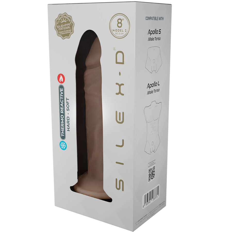 Boîte du gode réaliste Silexd 8" Modèle 5, vitrine présentant le sextoy chair en silicone thermoréactif et la compatibilité torses Apollo — emballage hard-soft produit