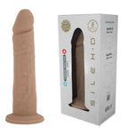 Gode réaliste Silexd en silicone chair à côté de sa boîte vitrine 8" Modèle 5, schéma de compatibilité Apollo — visuel produit et emballage thermoréactif sextoy