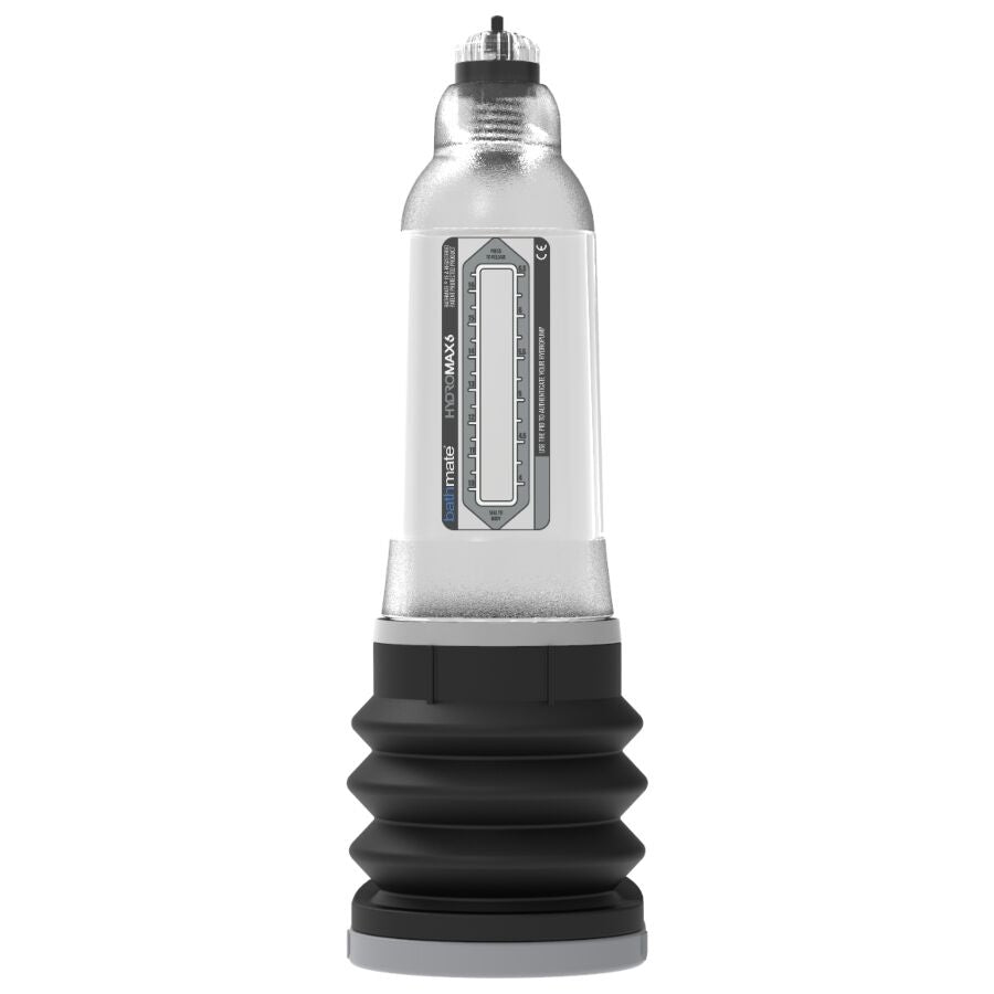 Pompe à pénis à eau Hydromax 6 Bathmate vue seule, cylindre acrylique transparent gradué et base à soufflet noire, système de pompage à pression d'eau.