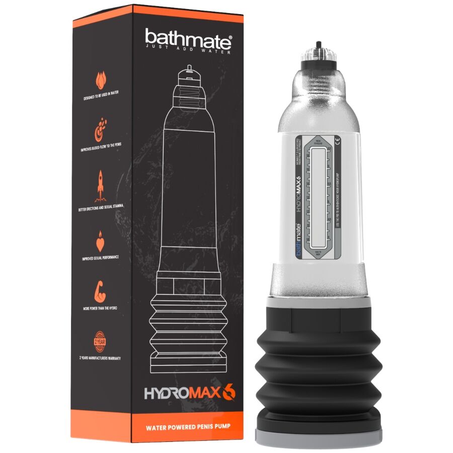 Pompe à pénis à eau Hydromax 6 Bathmate transparente présentée avec sa boîte orange, cylindre gradué et soufflet noir, pensée pour le bain ou la douche.
