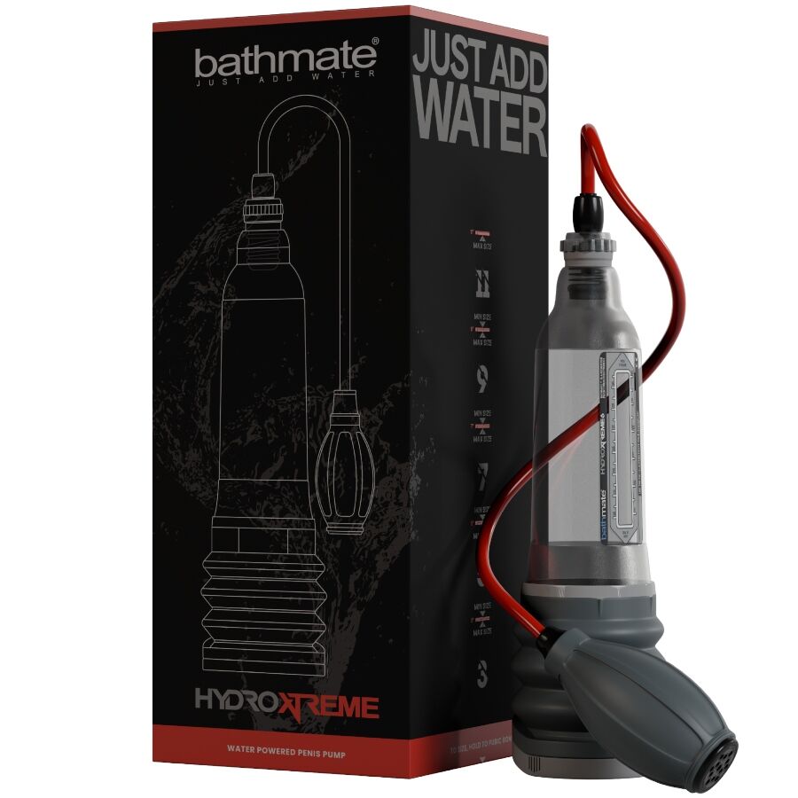Pompe à pénis à eau Bathmate présentée avec sa boîte Just Add Water, cylindre transparent et poire de pompage handball rouge amovible pour un contrôle précis.
