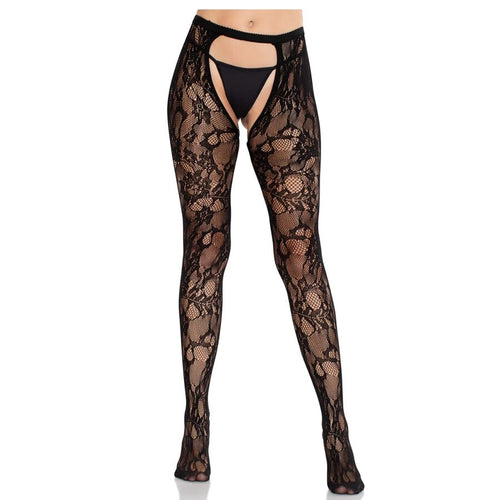 Collant porte-jarretelles resille floral noir porte de face, large decoupe a la taille facon jarretelles, maillage dentelle ajoure sur toute la jambe.