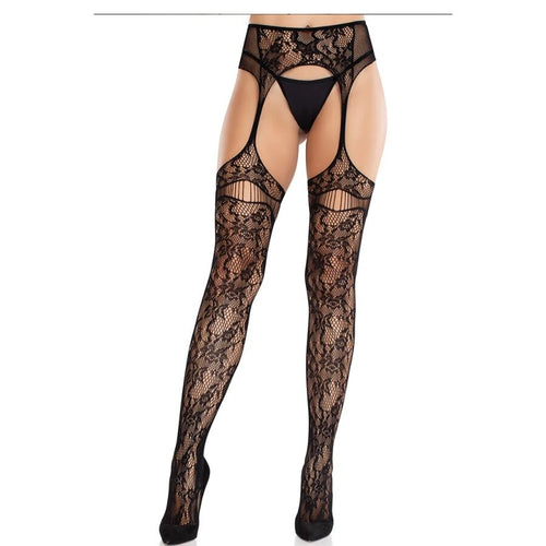 Bas porte-jarretelles noirs a motif floral portes de face, resille dentelle fine avec ceinture ajouree facon jarretelles, finition glamour Leg Avenue.