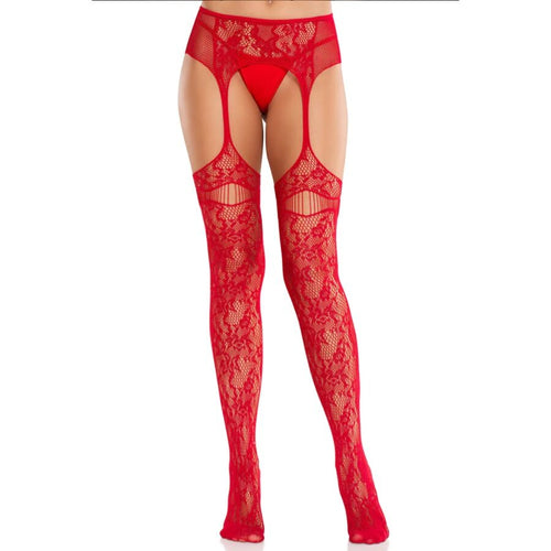 Bas porte-jarretelles resille floral rouge portes de face, decoupes laterales et effet jarretelles integre, maillage dentelle vif et sensuel.
