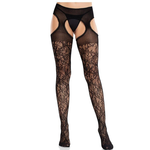 Bas porte-jarretelles resille noire portes de face, large ouverture a la taille facon jarretelles, maillage dentelle floral ajuste sur la jambe.