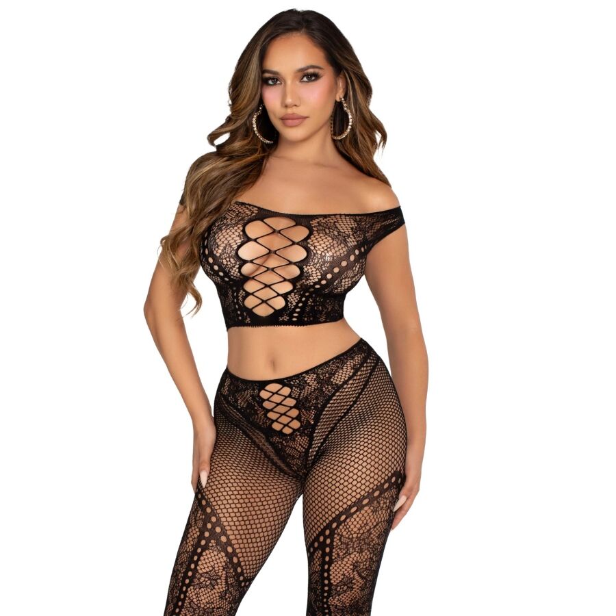 Ensemble crop top et legging dentelle épaules dénudées — vue principale