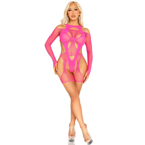 Combinaison resille rose fluo a grandes decoupes portee de face, maillage filet et bandes structurantes, look neon audacieux signe Leg Avenue.