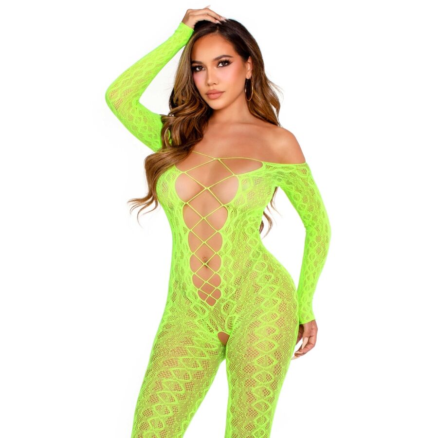 Combinaison résille serpent vert fluo entrejambe ouvert — vue principale