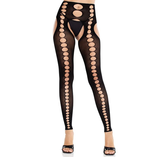 Collant noir Leg Avenue a grandes decoupes ovales sur les cotes et entrejambe ouvert, porte sur modele, peau visible aux hanches et a l'aine.