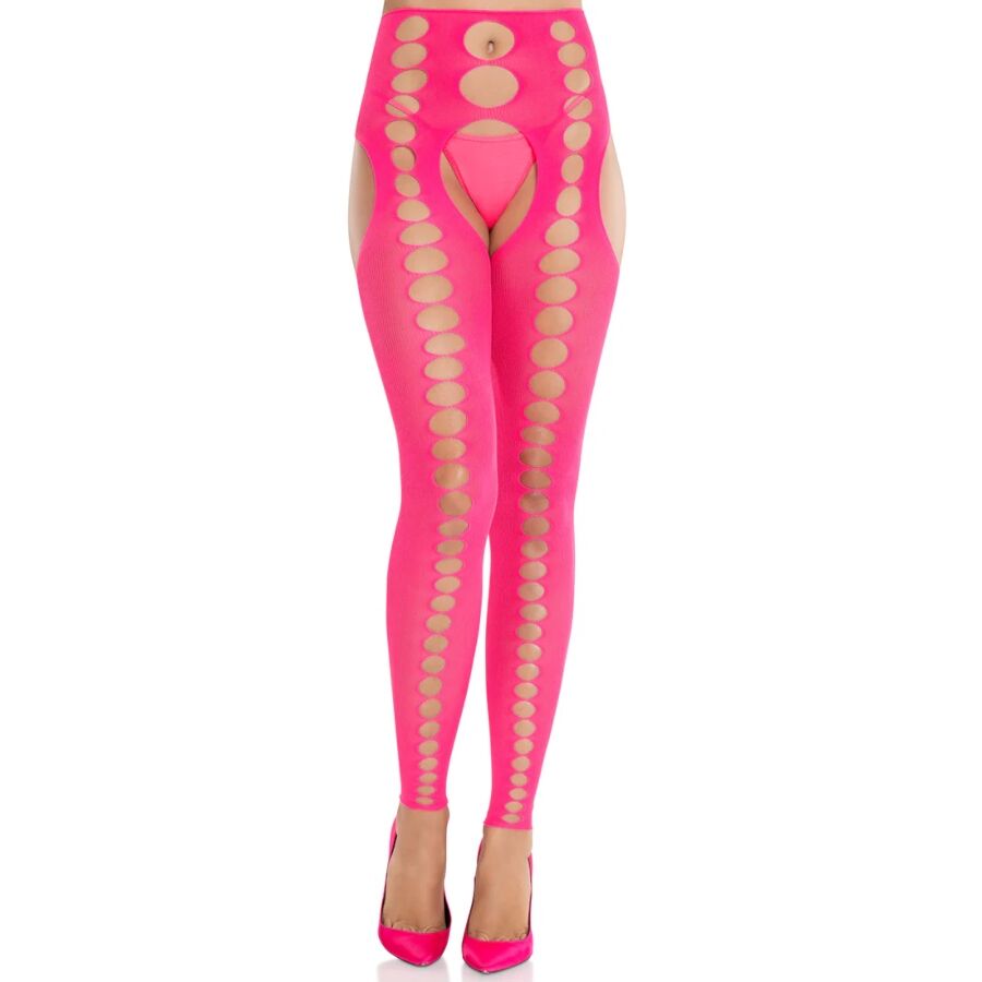 Collant rose fluo Leg Avenue a grandes decoupes ovales et entrejambe ouvert, porte sur modele en escarpins, peau visible aux hanches et a l'aine.
