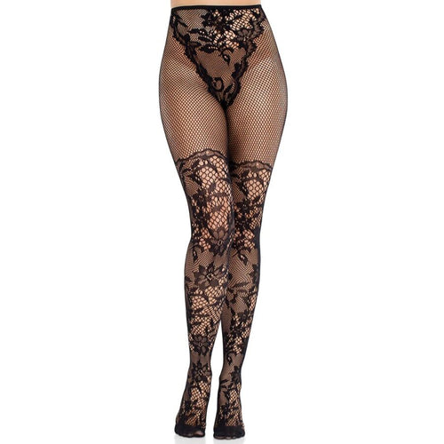 Collants resille noirs a motif dentelle florale portes sur jambes, maillage filet et motif fleuri graphique, finition jusqu'aux talons hauts.