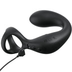 Cockring vibrant en silicone noir avec plug point P courbe et cable de charge visible, double anneau de base et boutons de commande integres, modele Ass-Gasm de la gamme Anal Fantasy.