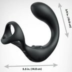 Stimulateur point P en silicone noir de profil, schema coté affichant 3,9 et 5,5 pouces, double anneau penien et tige bulbeuse a billes rotatives, finition lisse du modele Anal Fantasy.