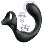 Stimulateur prostatique silicone noir vu de pres, double anneau penien et pictogramme Swirling Perineum, billes rotatives massantes et sept modes de vibration du modele Anal Fantasy Elite.