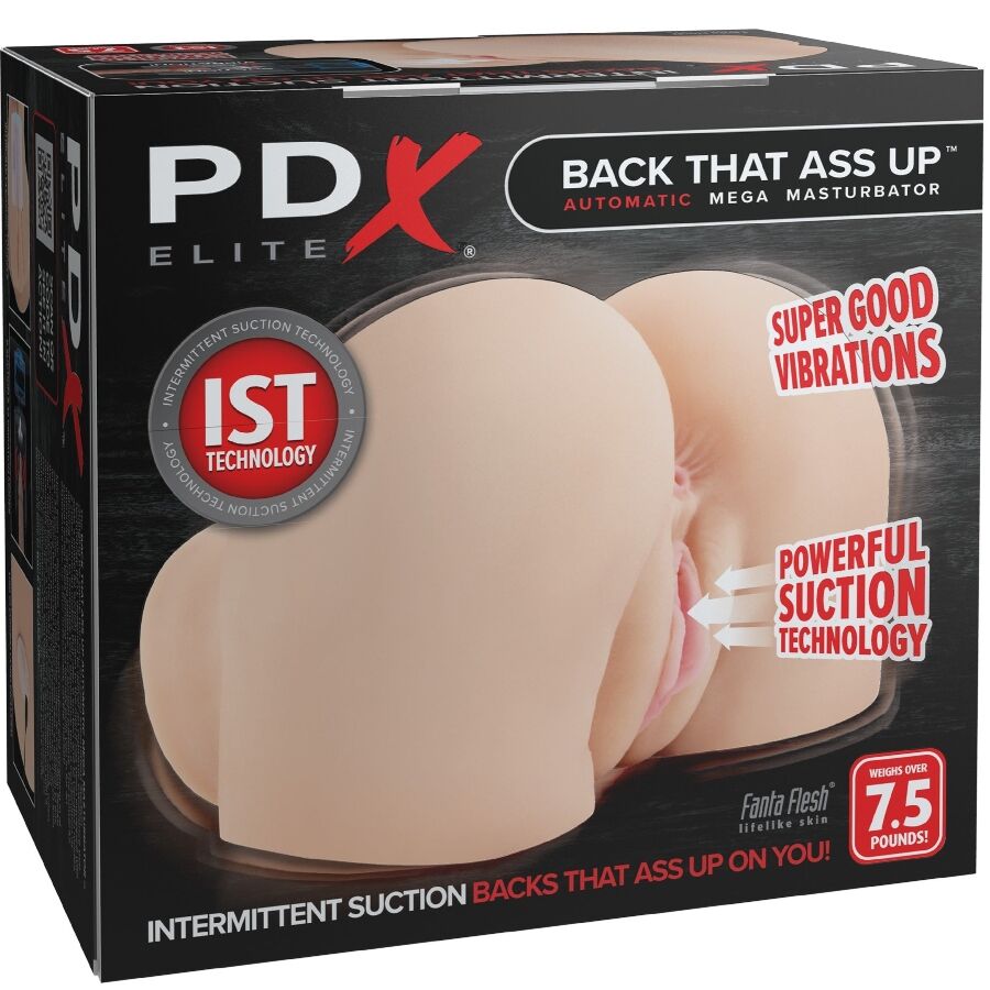 Boite PDX Elite Back That Ass Up du masturbateur buste, packaging exposant le visuel realiste des fesses et orifices, succion intermittente et technologie IST.