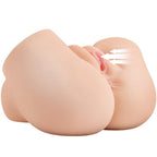 Masturbateur buste realiste vu de dos, vulve et anus moules teinte chair, fleches indiquant les deux ouvertures, modele vibrant et aspirant en TPR souple.