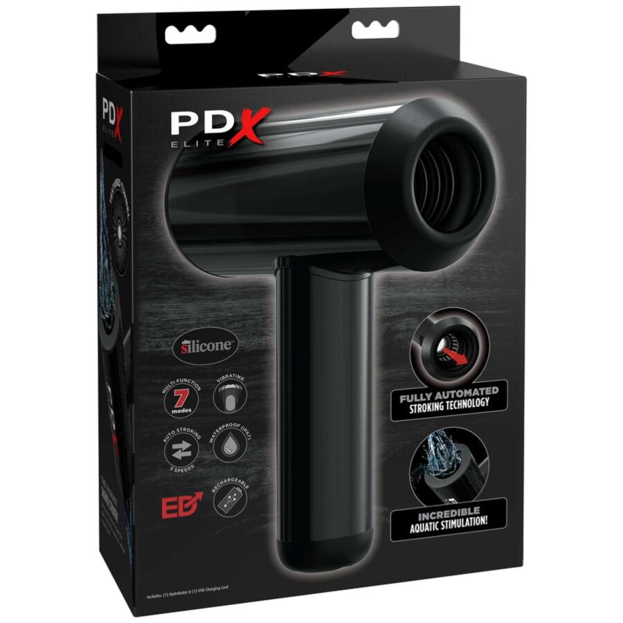 Boite PDX Elite du masturbateur automatique aquatique en silicone, packaging noir mettant en avant les 7 modes, le va-et-vient automatise et la stimulation aquatique.