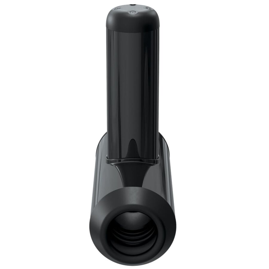 Masturbateur automatique aquatique noir debout, ouverture d'insertion souple non figurative au sommet, corps fume rechargeable au design technique discret.