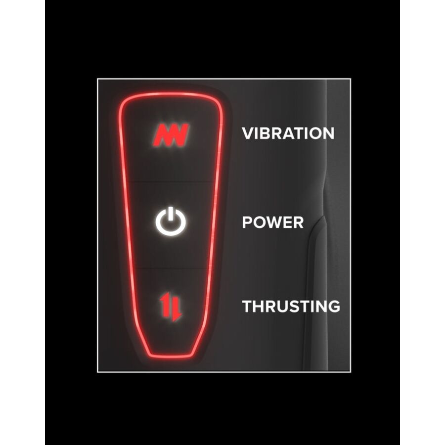 Schema des commandes du masturbateur automatique chauffant, boutons retroeclaires vibration power et thrusting identifies sur le bandeau, illustration sans anatomie.