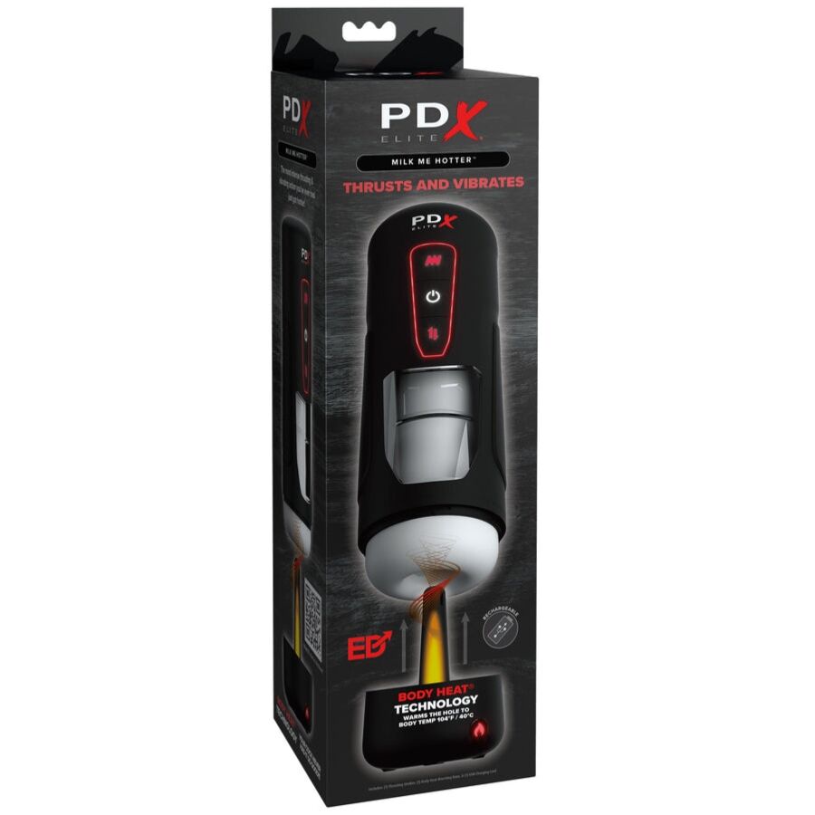 Boite PDX Elite du masturbateur automatique chauffant a va-et-vient et vibration, packaging noir vertical mettant en avant le boitier et la technologie body heat.