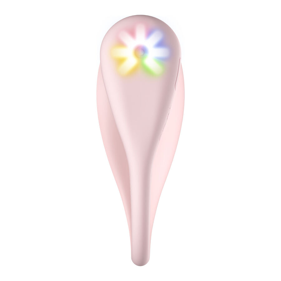 Stimulateur point G Pearl 3 rose vu de face, LED florale multicolore allumee sur la tete arrondie, silicone doux incurve a technologie tactile connectee, Kiiroo.