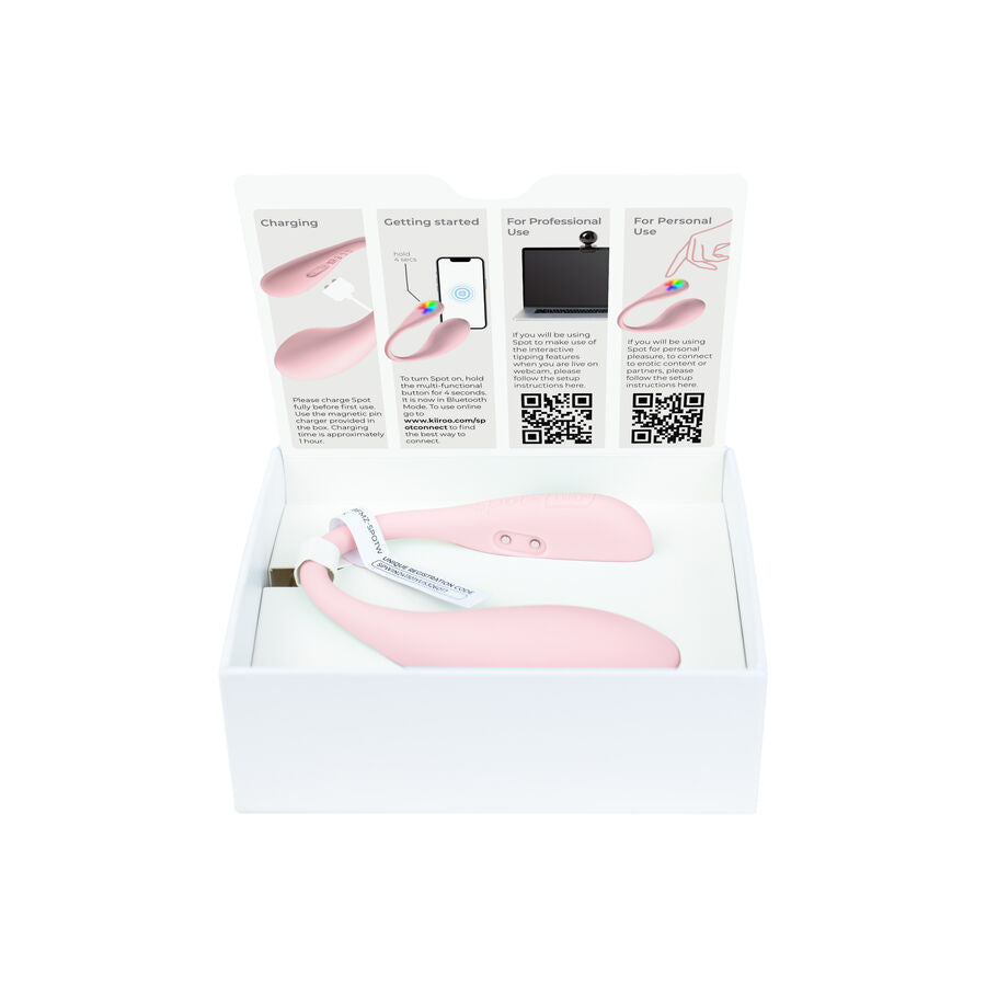 Coffret ouvert du vibromasseur point G Pearl 3 rose avec notice illustree et accessoires, silicone souple connecte a technologie tactile, presentation Kiiroo.