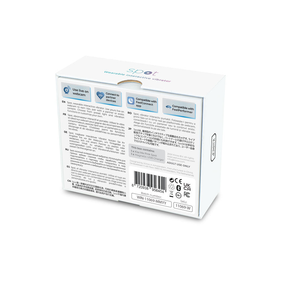 Dos de la boite Pearl 3 avec notice multilingue et icones de compatibilite, vibromasseur point G connecte en silicone souple a technologie tactile, Kiiroo.